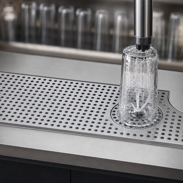 Product image #4 for Micro Matic Surface Mount Stainless Steel Drip Tray Trough with Integral Glass Rinser and Metropolis H Cutout, 52 Inch
