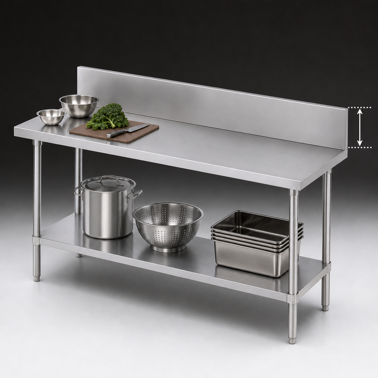 Product image #4 for Advance Tabco 84-Inch x 24-Inch 14-Gauge 304 Stainless Steel Work Table with 10-Inch Backsplash and Undershelf