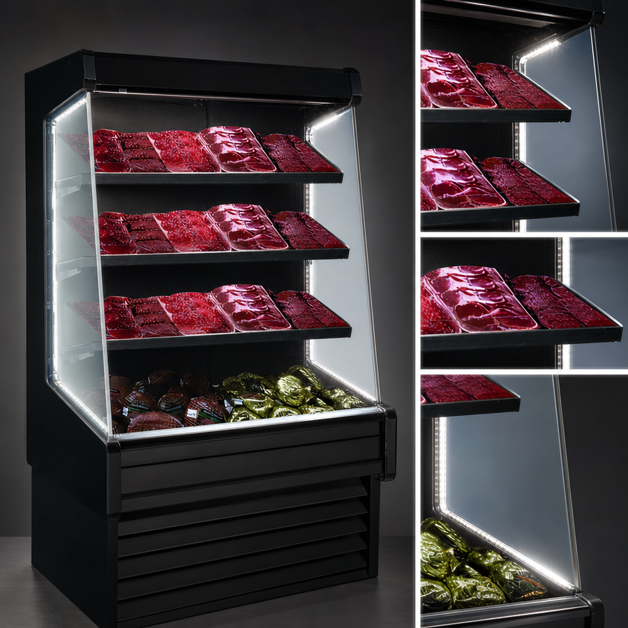 Three Rows of Lighted Shelves
