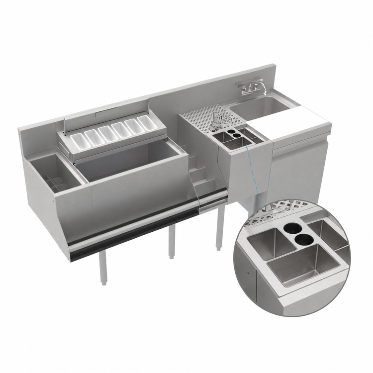 Product image #4 for Krowne Royal Series 70-Inch Stainless Steel Underbar Hand and Dump Sink Workstation with 24-Inch Ice Bin, 10-Circuit Cold Plate, Elixir Well, and Cabinet Below
