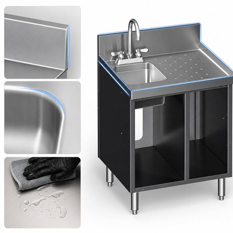 Product image #4 for Choice 24-Inch Stainless Steel Underbar Sink Cabinet with Right Drainboard, Single Hinged Door, and Chemical Storage