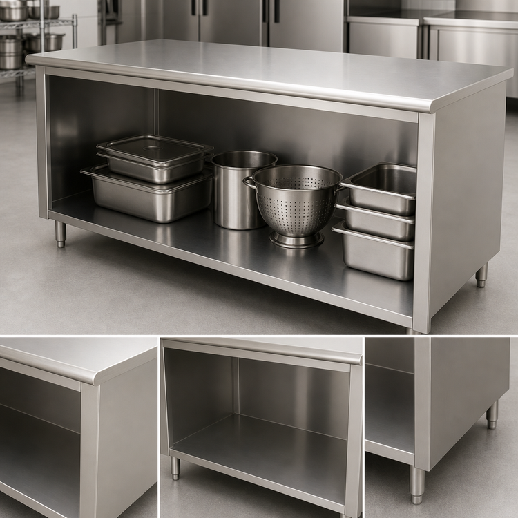 Product image #4 for Advance Tabco 120-Inch x 36-Inch 14-Gauge 304 Stainless Steel Work Table with Open Front Cabinet Base