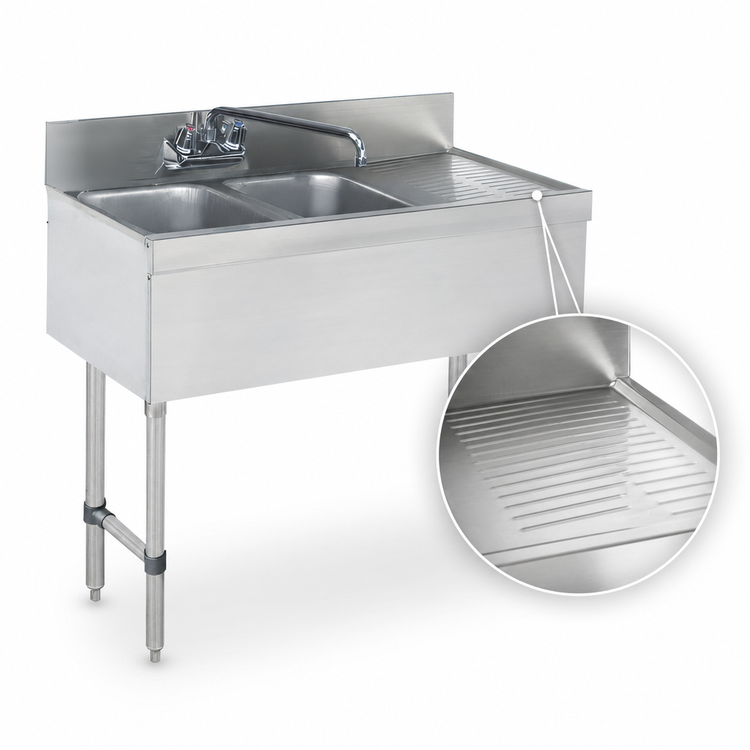 Product image #4 for Advance Tabco Special Value Series 2-Compartment Stainless Steel Bar Sink Unit with Right Drainboard and Splash-Mount Faucet, 36 Inch Wide
