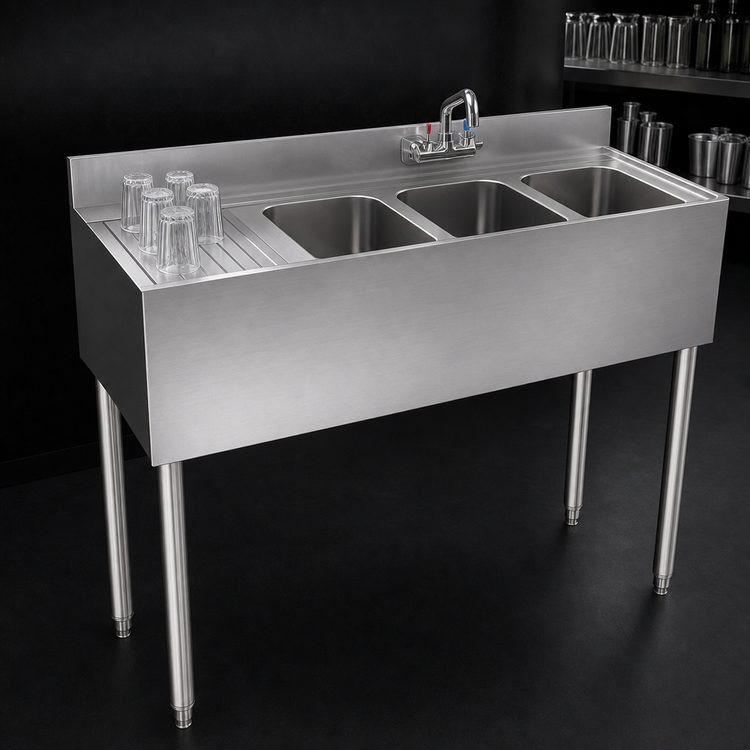 Product image #4 for Krowne Silver Series Three-Compartment Stainless Steel Underbar Bar Sink with Left Drainboard, 48-Inch Wide