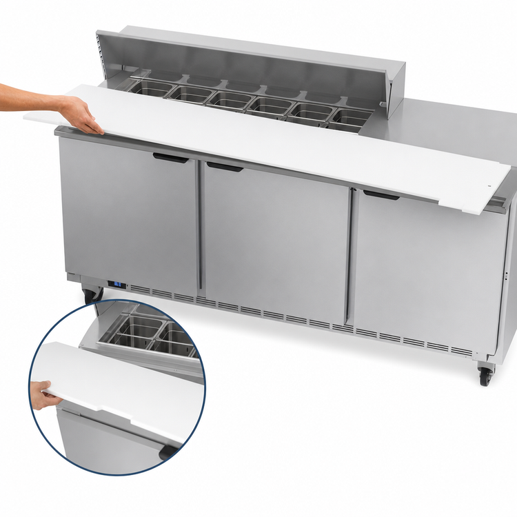 Product image #5 for Beverage-Air 72-Inch Three-Section Sandwich Prep Table with 17-Inch Cutting Board and 12-Pan Top