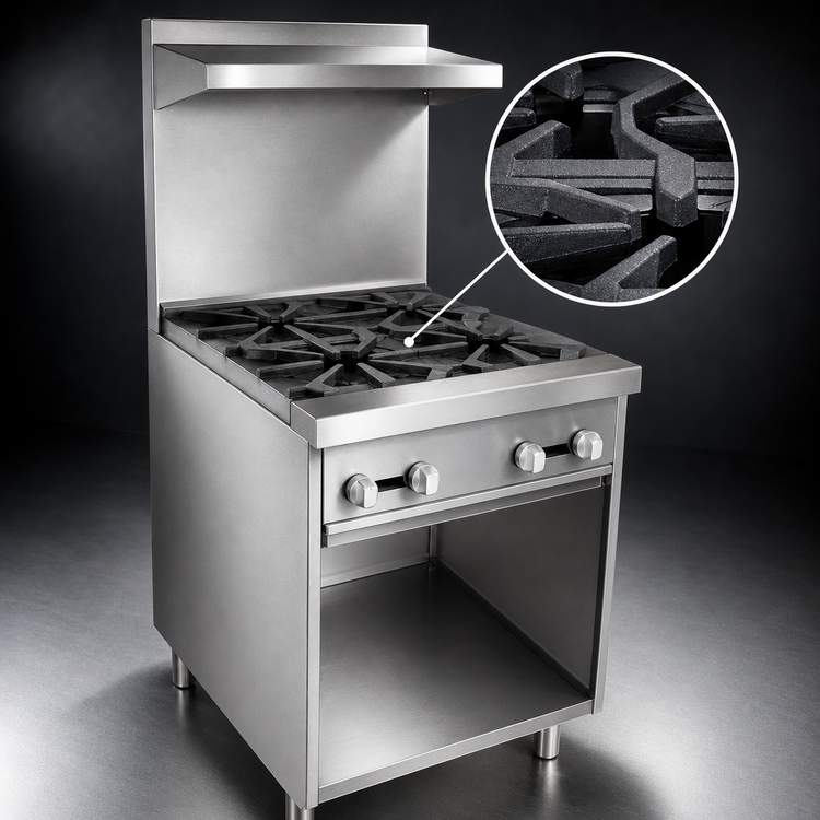 Product image #4 for Comstock-Castle 30-Inch Commercial Gas Range with 4 Open Burners, Cabinet Base, Back Riser and High Shelf