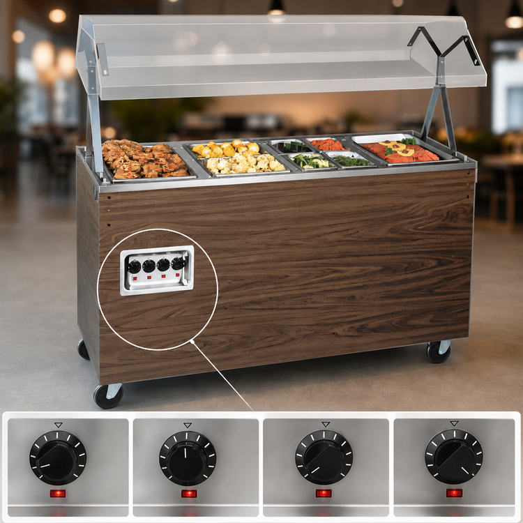 Product image #4 for Vollrath 2-Series Affordable Portable 4-Well Hot Food Station with Buffet Breath Guard and Lights, Open Storage Base, Cherry Woodgrain, 120/208-240V
