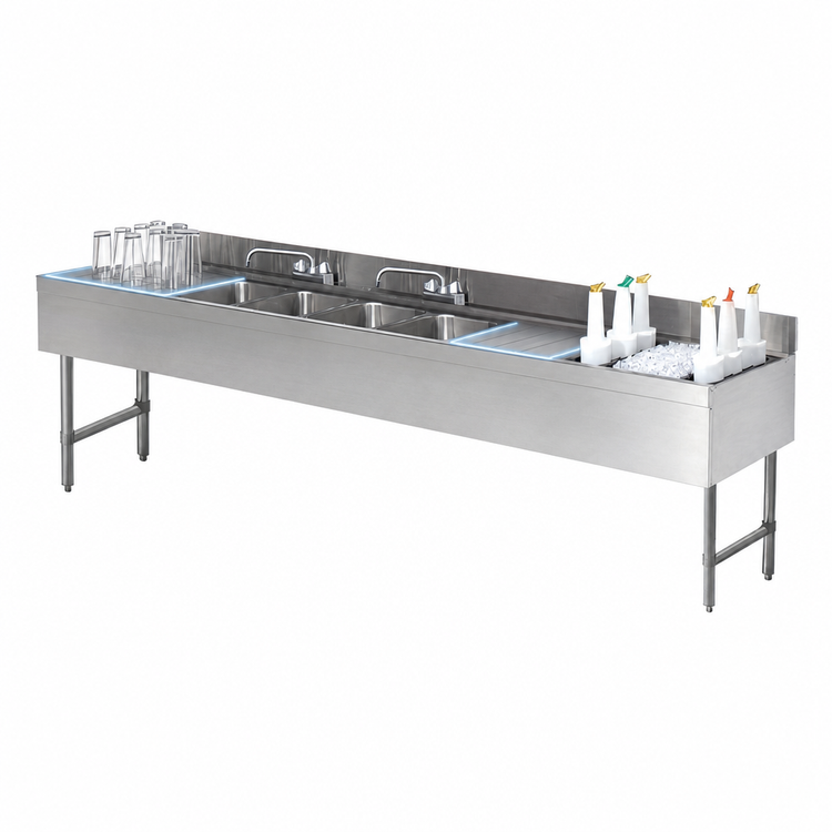 Product image #4 for Advance Tabco Underbar Basics 84-Inch 3-Compartment Deep-Drawn Stainless Steel Hand Sink and Ice Bin Combo with Deck-Mount Faucet, Right Ice Bin