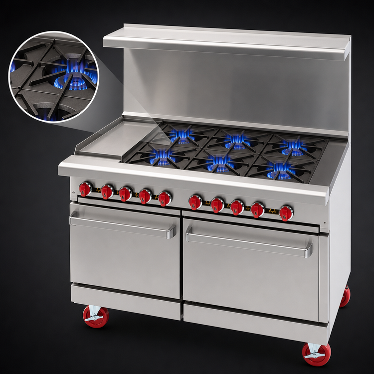 Product image #4 for American Range 48-Inch Gas Restaurant Range with 12-Inch Left Griddle, 6 Open Burners, and 2 Space Saver Ovens