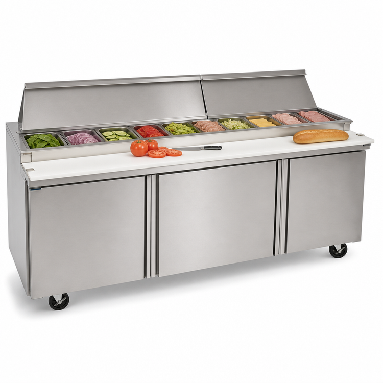 Product image #4 for Delfield Mega Top 72-Inch Three-Section Sandwich/Salad Prep Table Refrigerator with 18-Pan Capacity