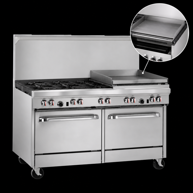 Product image #4 for Southbend S-Series 60-Inch Natural Gas Restaurant Range with 6 Open Burners, 24-Inch Raised Griddle/Broiler, Convection Oven and Cabinet Base
