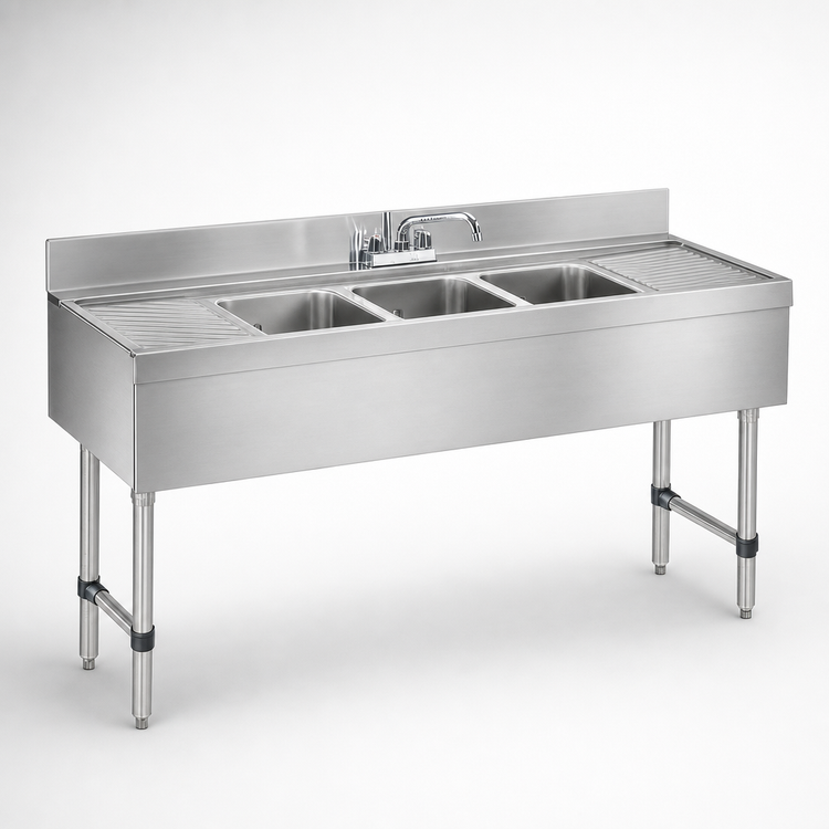 Product image #4 for Advance Tabco Underbar Basics 3-Compartment Stainless Steel Bar Sink Unit with Deck-Mount Faucet and Dual Drainboards, 60" W x 21" D