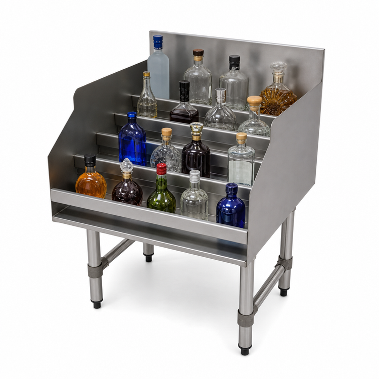 Product image #5 for Advance Tabco 5-Step Freestanding Stainless Steel Liquor Bottle Display Unit with 4-Inch Backsplash