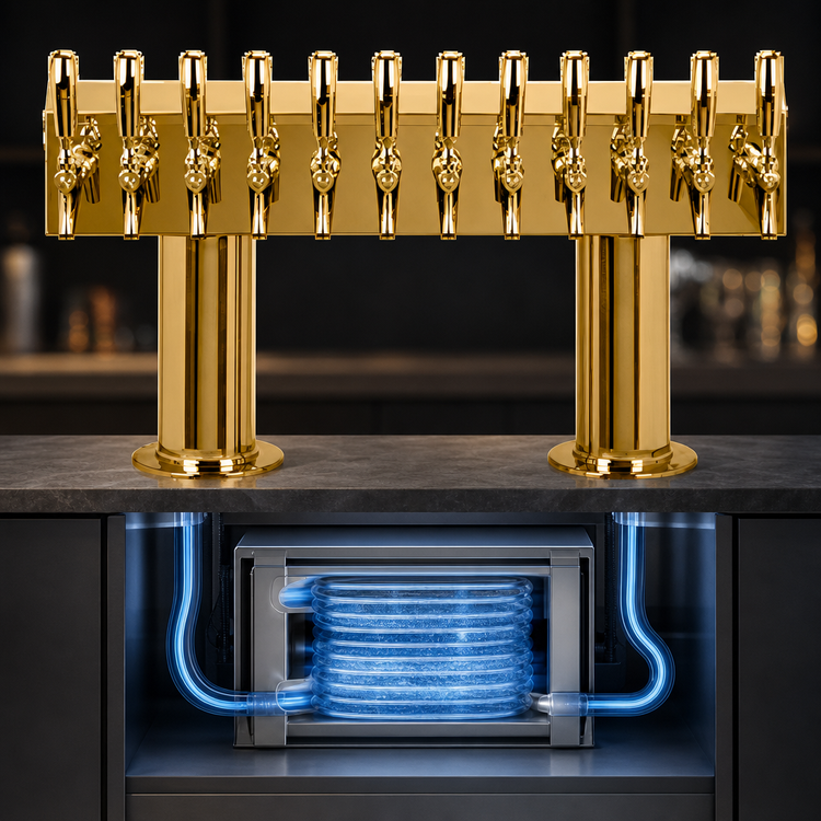 Product image #4 for Micro Matic Double Pedestal 12-Faucet Countertop Draft Beer Tower, PVD Brass, Glycol Cooled