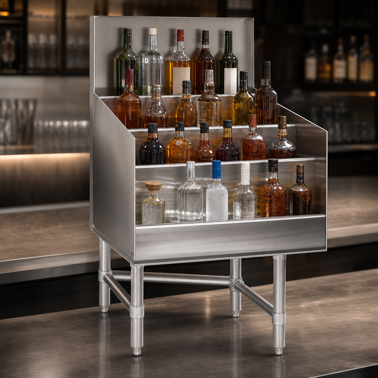 Product image #4 for Eagle Group Spec-Bar 36-Inch Wide x 24-Inch Deep Freestanding Stainless Steel Liquor Bottle Display Unit, 4-Step, No Speed Rail