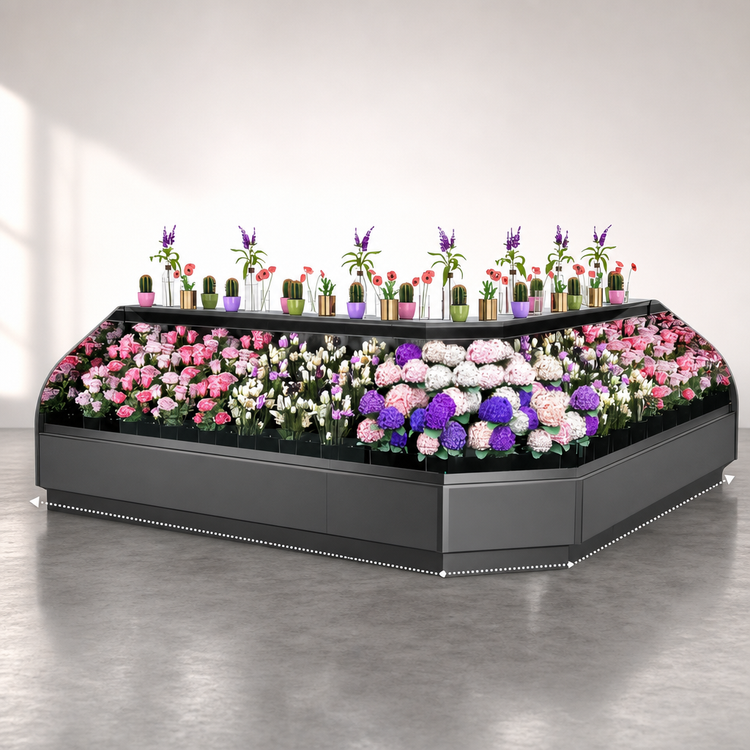 Product image #4 for Allure Self-Service Refrigerated Outside Wrap Low-Profile Open-Air Merchandiser, 137-1/4 Inch W x 41-3/8 Inch D x 50-5/8 Inch H, Remote DX, Black