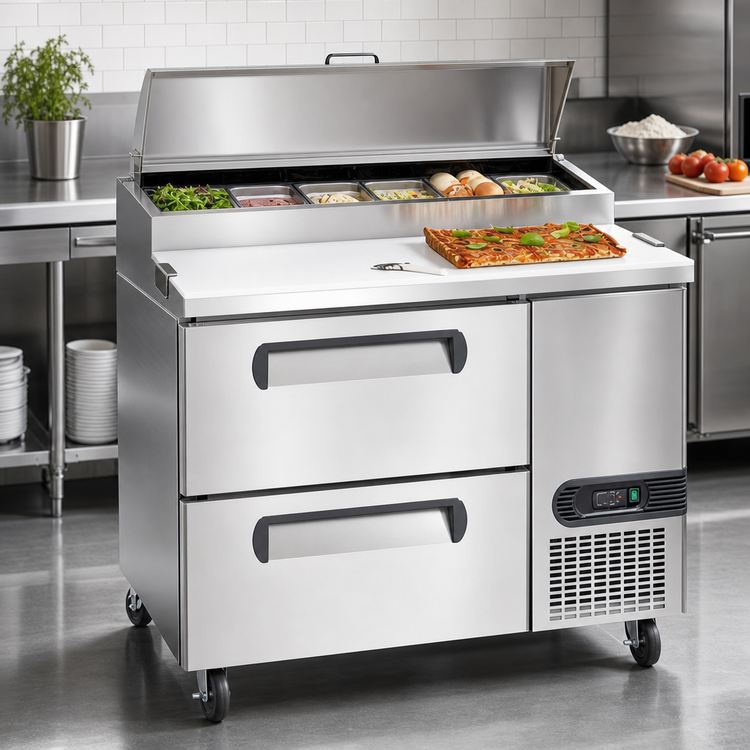 Product image #4 for Migali Competitor Series® 44-Inch Pizza Prep Table with Drawers, Self-Contained Side-Mount Refrigeration