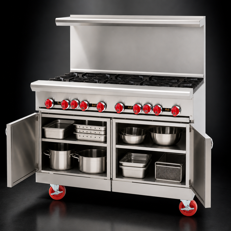Product image #4 for American Range 48-Inch Gas Restaurant Range with 8 Open Burners, 2 Storage Bases, Back Riser and Shelf