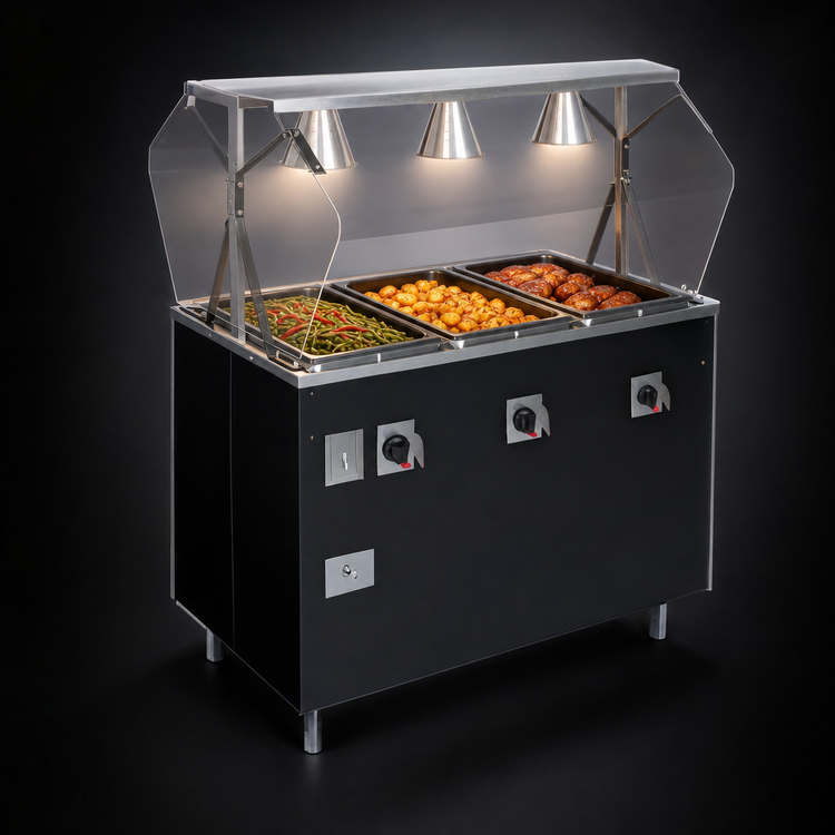 Product image #4 for Vollrath 2-Series Affordable Portable 3-Well Mobile Hot Food Station with Buffet Breath Guard and Lights, Granite, 120V