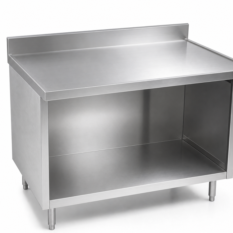 Product image #4 for Spec-Master Marine Series Stainless Steel Work Table with Open Front Cabinet Base, 84 Inch x 30 Inch, 4-1/2 Inch Backsplash