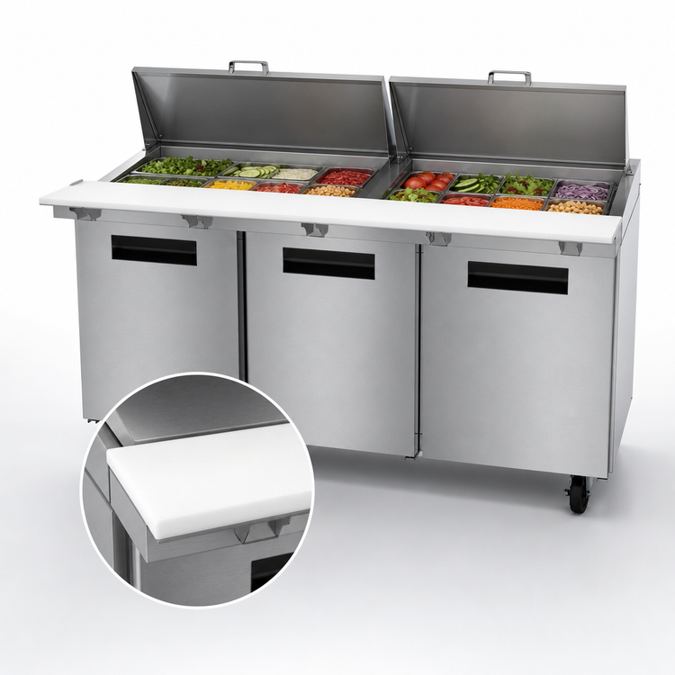 Product image #4 for Hoshizaki Steelheart 72-Inch Three-Section Mega Top Refrigerator Prep Table with 30-Pan Rail