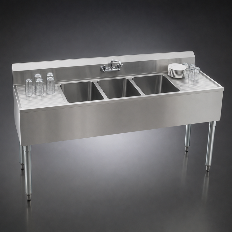 Product image #4 for Eagle Group 1800 Series 60 Inch Three-Compartment Underbar Sink Unit with Left and Right Drainboards