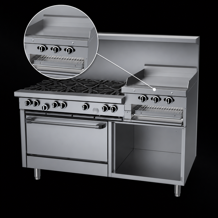 Product image #4 for Garland G Starfire Pro 60-Inch Gas Restaurant Range with 6 Open Burners, 24-Inch Raised Griddle/Broiler, Standard Oven, and Storage Base
