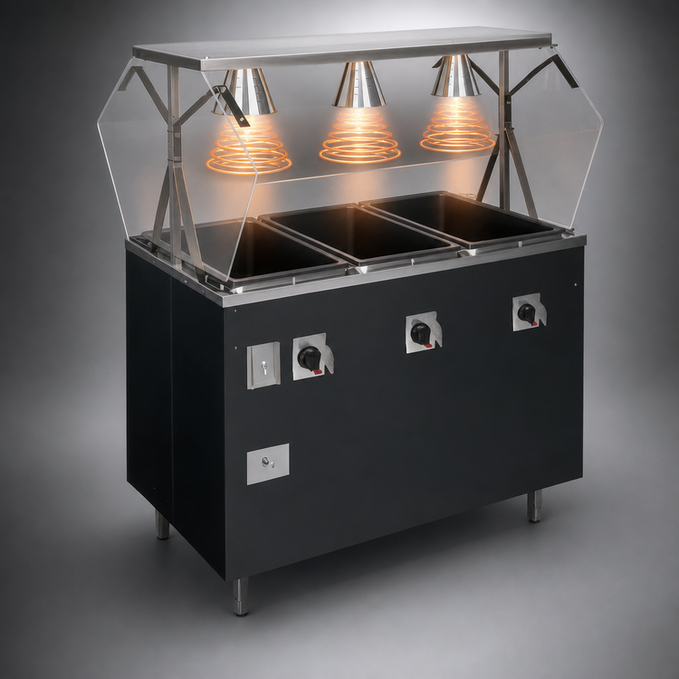 Product image #4 for Vollrath 2-Series Affordable Portable 46-Inch 3-Well Electric Mobile Hot Food Station with Lit Buffet Breath Guard and Enclosed Storage Base