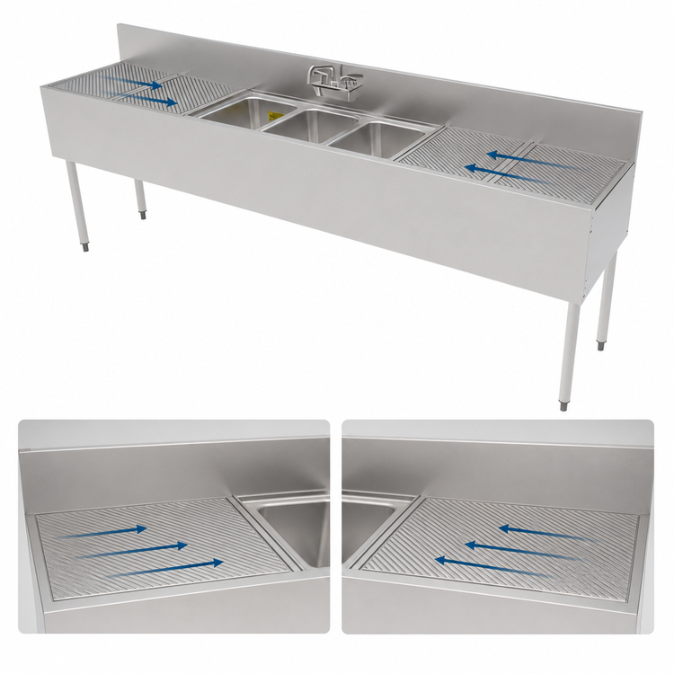 Product image #5 for Top Shelf TS Series 96-Inch Stainless Steel Underbar Triple-Compartment Sink Unit with Dual Drainboards