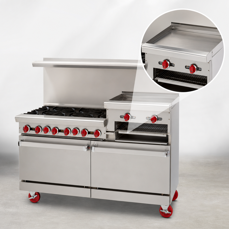Product image #4 for American Range 72-Inch Gas Restaurant Range with 6 Open Burners, 36-Inch Right-Side Raised Griddle/Broiler, Left Oven and Storage Base