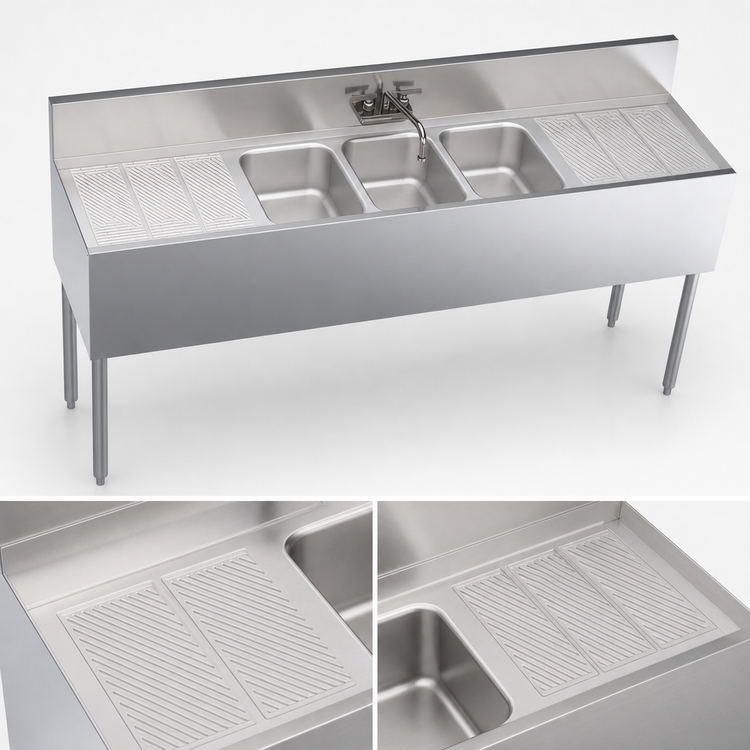 Product image #4 for Krowne Royal Series Three-Compartment Underbar Sink Unit with Dual Integral Drainboards and Swing-Spout Faucet, 72-Inch