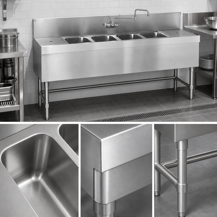 Product image #4 for Spec-Bar Four-Compartment Underbar Sink Unit, 48"W x 19"D, 304 Stainless Steel, No Drainboards, with Faucet