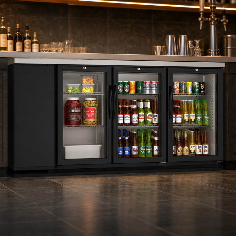 Product image #5 for Koolmore 72.8-Inch Three-Section Back Bar Refrigerator with 3 Glass Swing Doors, 18.3 Cu. Ft., Black Finish