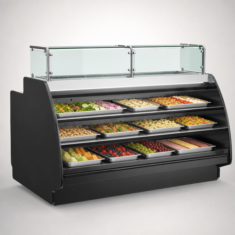 Product image #4 for Structural Concepts Fusion® Open Curved Preparation/Self-Service Refrigerated Display Case with Rear Storage, Remote DX, 123-1/4 Inch Wide