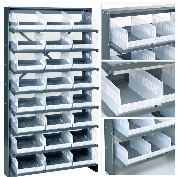 Product image #4 for Quantum Sloped Single-Sided Steel Pick Rack with 8 Shelves and 24 Clear Bins, 36W x 12D x 63-1/2H