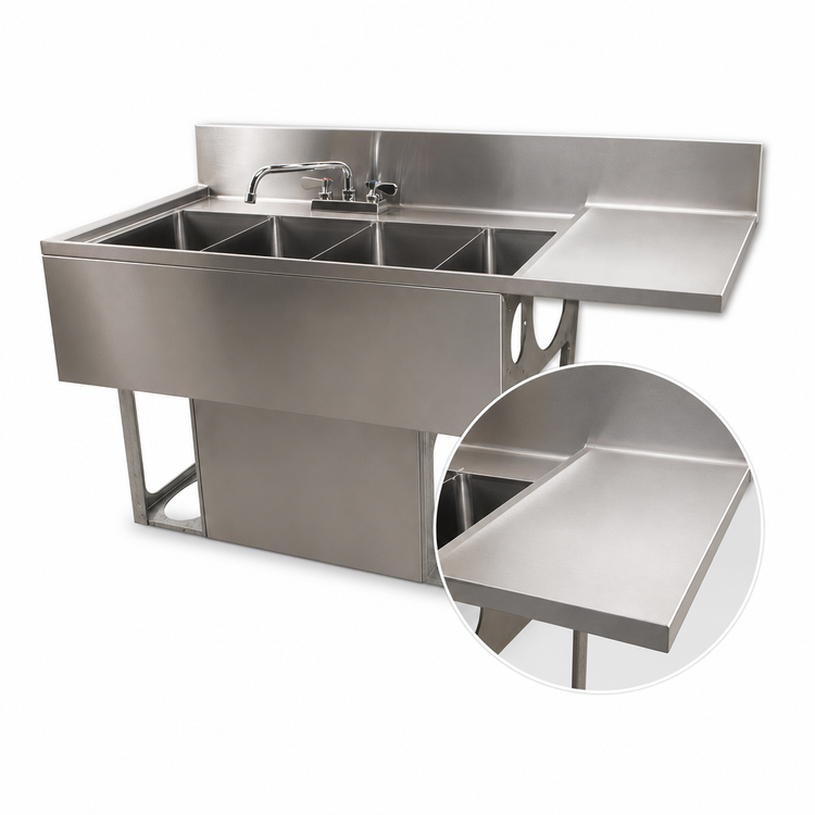 Product image #5 for BK Resources 48-Inch Three-Compartment Underbar Slimline Sink with Right Drainboard, Faucet, and 4-1/2-Inch Backsplash