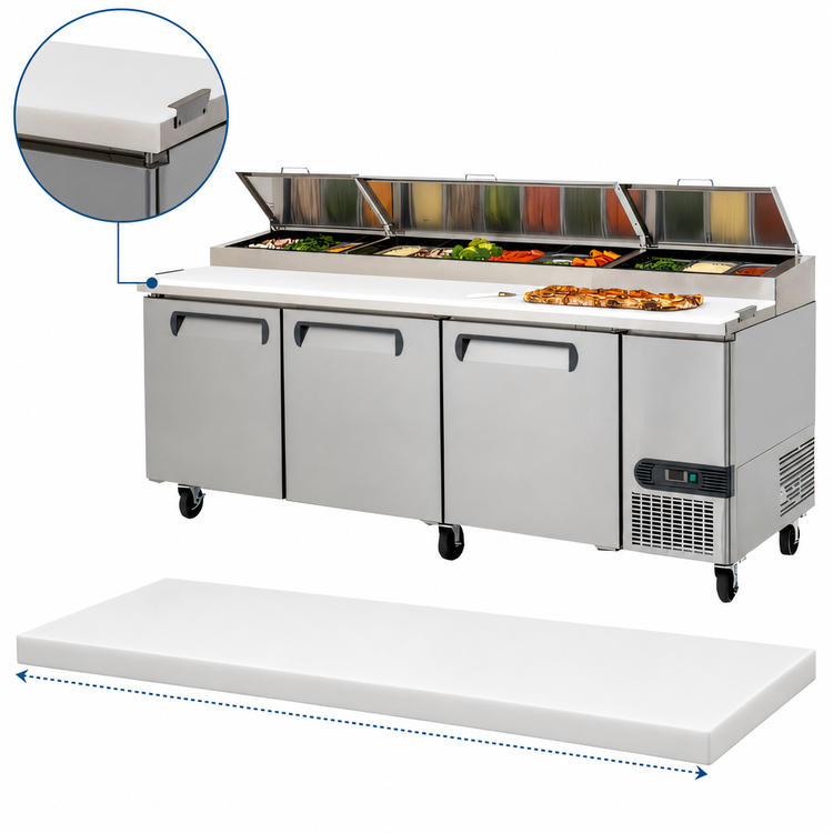 Product image #4 for Migali Competitor Series 93-Inch Three-Section Stainless Steel Refrigerated Counter/Pizza Prep Table with 3 Solid Doors