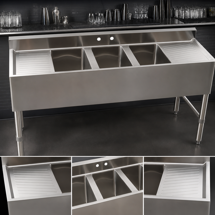 Product image #4 for 18/304 Stainless Steel Three-Compartment Underbar Sink with Left and Right Drainboards, 59-1/2 Inch Wide