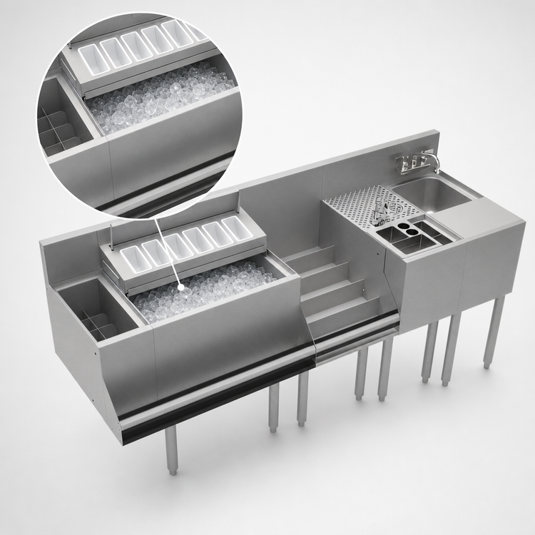 Product image #4 for 72-Inch Underbar Hand and Dump Sink Workstation with Elixir Well, Ice Bin, Liquor, Tool Caddy, and Cabinet Below