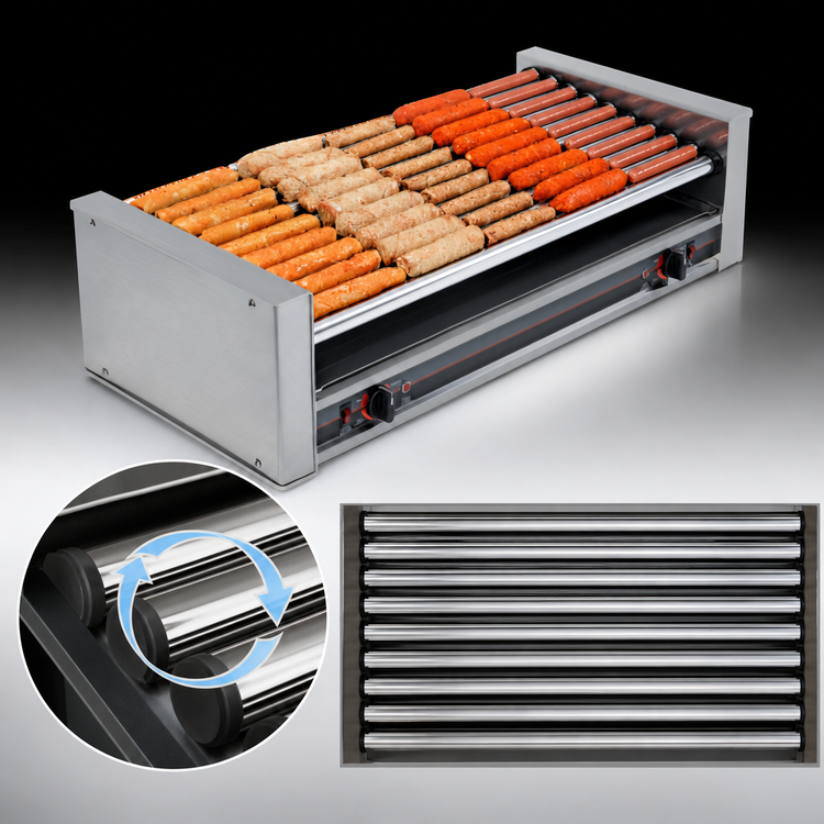 Product image #4 for Nemco Roll-A-Grill 27-Hot-Dog Slanted Countertop Roller Grill with 10 Chrome Rollers, 120V