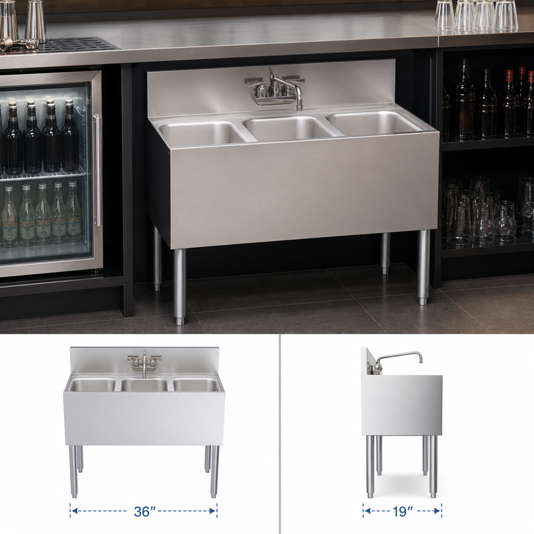 Product image #4 for Krowne Royal Series 36-Inch Three-Compartment Underbar Sink Unit with Swing Spout Faucet