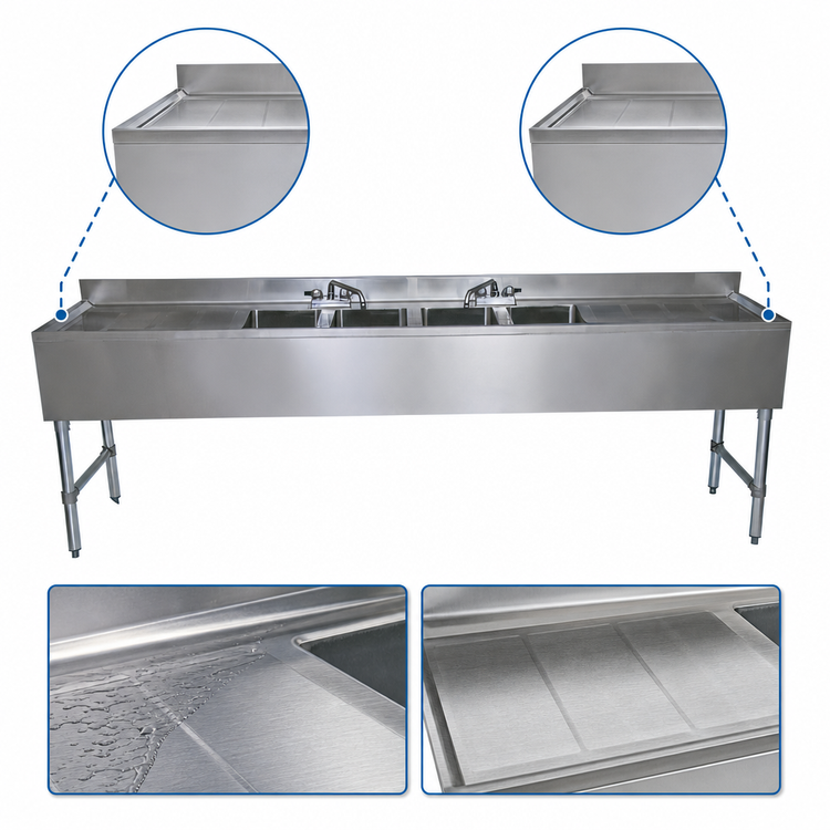 Product image #4 for BK Resources Slim-Line Four-Compartment Underbar Sink with Left & Right Drainboards, 96 Inch Wide