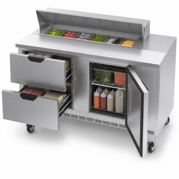 Product image #5 for Beverage Air Two-Section Sandwich Top Refrigerated Prep Table, 60-Inch, 1 Door, 2 Drawers, 12-Pan Capacity