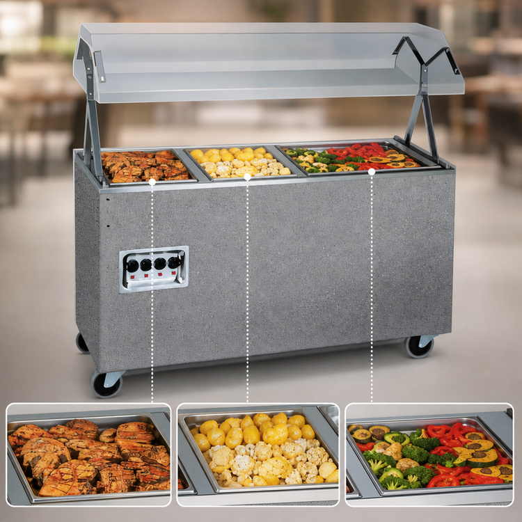 Product image #4 for Vollrath 2-Series Affordable Portable 3-Well Mobile Hot Food Station with Buffet Breath Guard, Lights, and Enclosed Storage Base