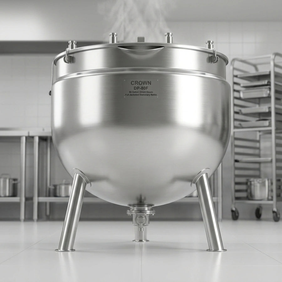 Observe the innovative hemispherical bottom design of the 80-gallon steam kettle, engineered for superior heat circulation and cooking efficiency.