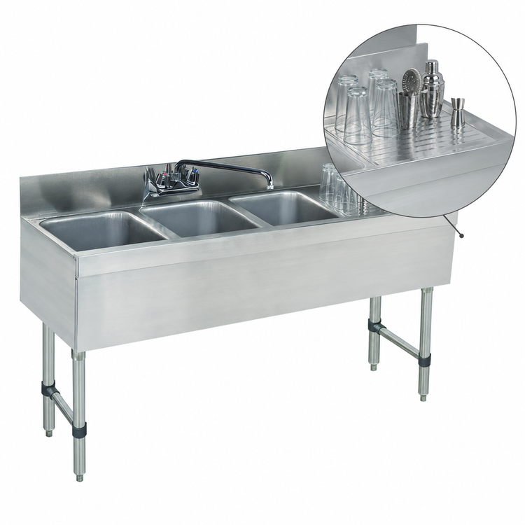 Product image #4 for Advance Tabco Special Value Series 48-Inch 3-Compartment Stainless Steel Bar Sink Unit with Right Drainboard and Splash-Mount Faucet
