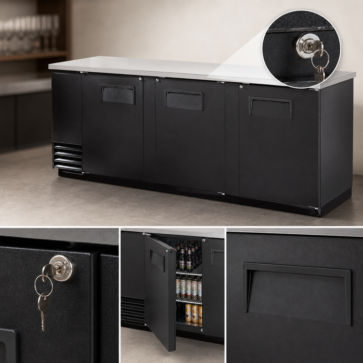 Product image #4 for True Three-Section Back Bar Cooler, 90-3/8 Inch Wide, 3 Solid Locking Doors, Stainless Steel Top, Left-Side Self-Contained Refrigeration