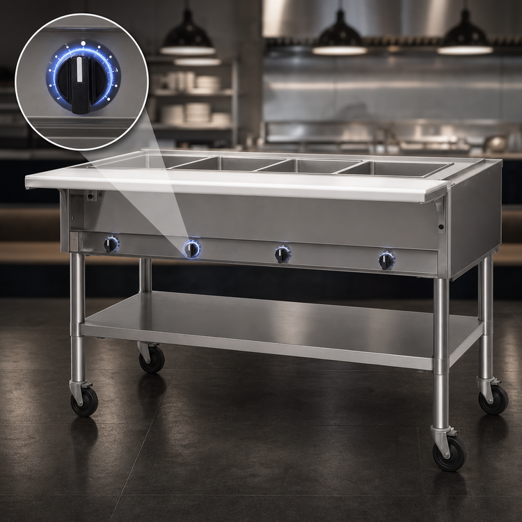 Product image #4 for Eagle Group Portable Electric Hot Food Table with 4 Dry Wells, Open Base and Cutting Board, 66 Inch, 208V
