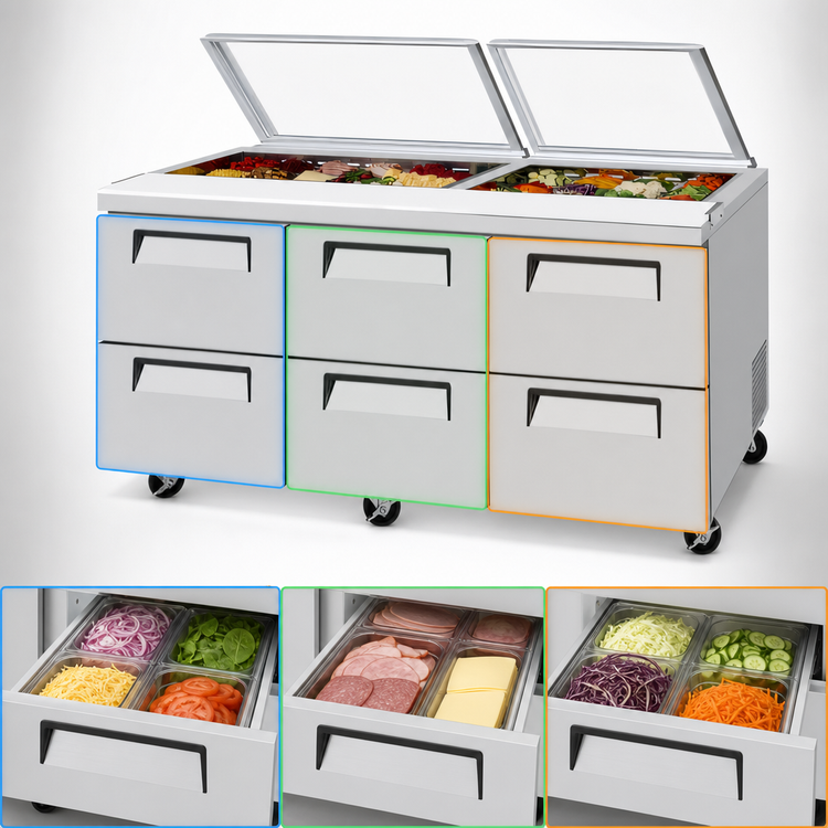 Product image #4 for Turbo Air Super Deluxe 72-5/8-Inch 3-Section 19 Cu. Ft. Sandwich/Salad Prep Table with Glass Lid and 6 Drawers