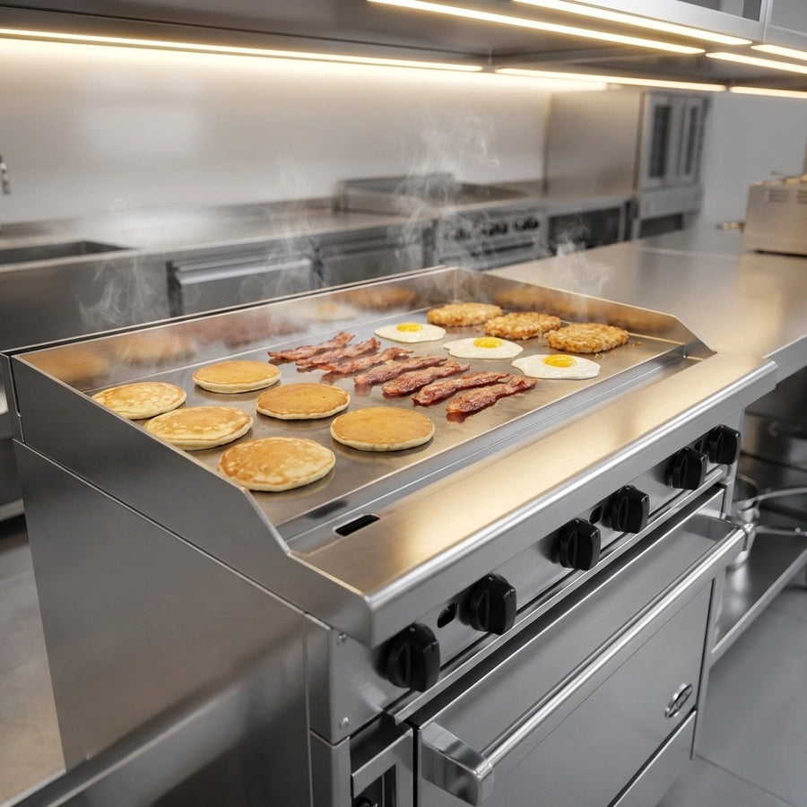 Experience the full 36-inch griddle top expertly cooking a variety of dishes simultaneously with its superior heat distribution and polished steel surface.